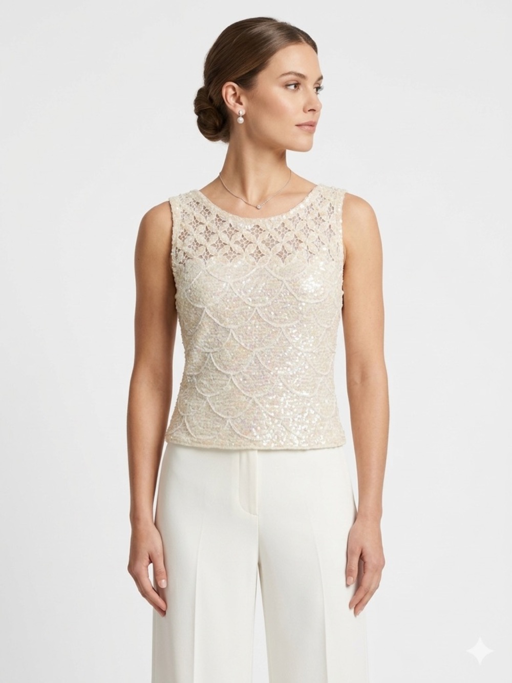Vintage Herald Beaded Lace Top Cream Sleeveless Formal Wool Blend Size S